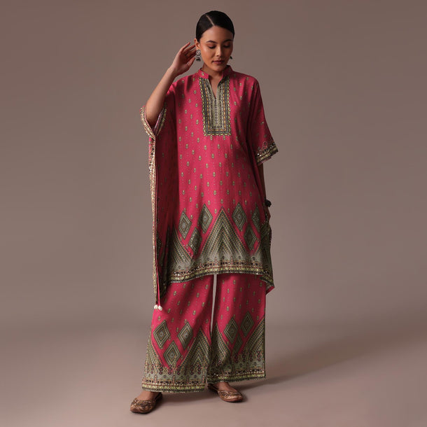 Pink Embroidered PrintedCotton Silk Kaftan Co Ord Set