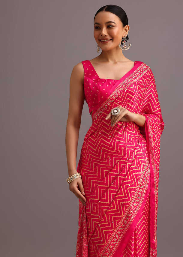 Pink Embroidered Satin Ajrakh Block Print Saree With Mirror Work