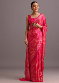 Pink Embroidered Satin Ajrakh Block Print Saree With Mirror Work