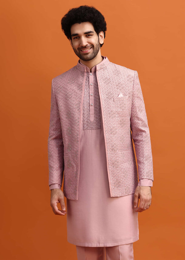 Pink Embroidered Silk Jodhpuri Set For Men