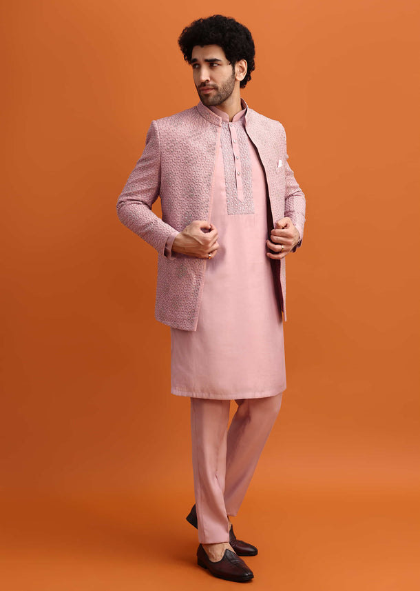 Pink Embroidered Silk Jodhpuri Set For Men