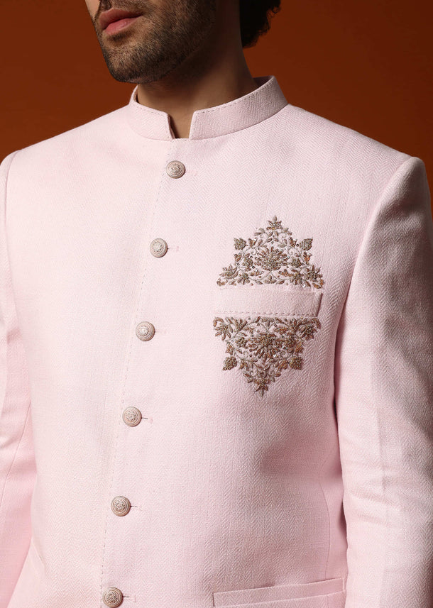 Pink Embroidered Silk Jodhpuri Suit For Men
