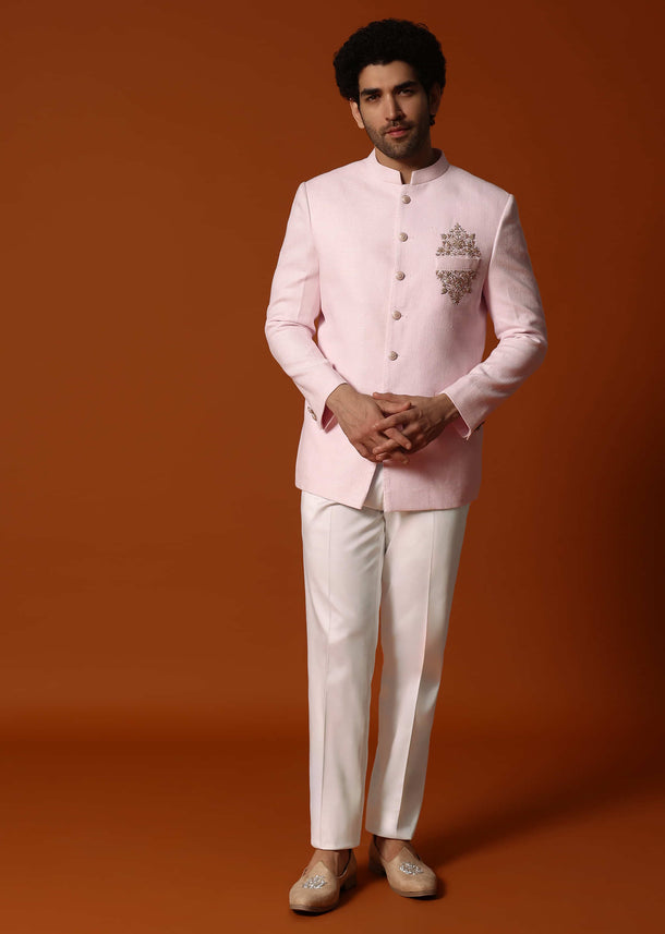 Pink Embroidered Silk Jodhpuri Suit For Men