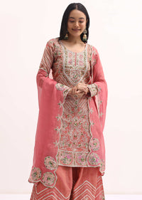 Pink Embroidered Tissue Kurta Palazzo Set