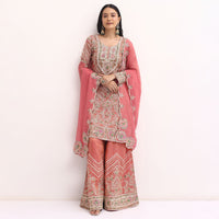 Pink Embroidered Tissue Kurta Palazzo Set