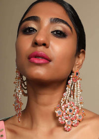Pink Ethnic Earrings In Floral Motif With Kundan Work And Moti Strings By Prerto