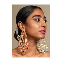 Pink Ethnic Earrings In Floral Motif With Kundan Work And Moti Strings By Prerto