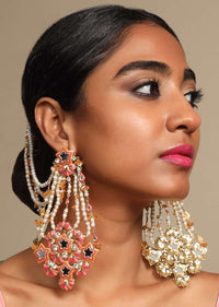 Pink Ethnic Earrings In Floral Motif With Kundan Work And Moti Strings By Prerto