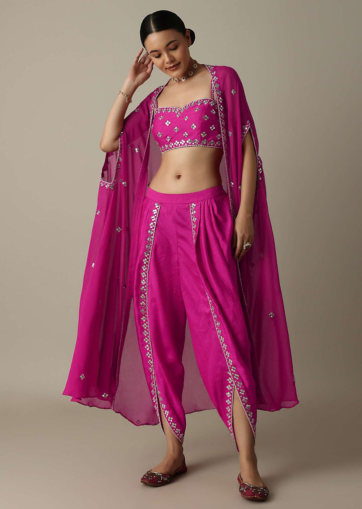 Pink Exquisite Mirror Embroidered Silk Dhoti Set