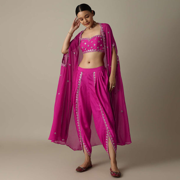 Pink Exquisite Mirror Embroidered Silk Dhoti Set