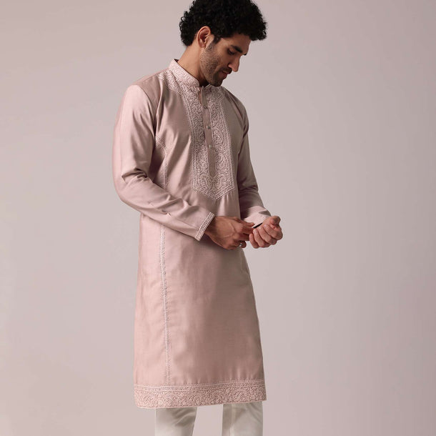 Pink Festive Silk Kurta Set For Men