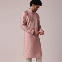 Pink Festive Silk Kurta Set For Men