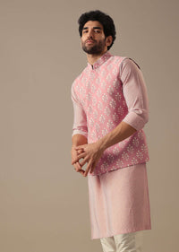 Pink Floral Bundi & Striped Kurta Set