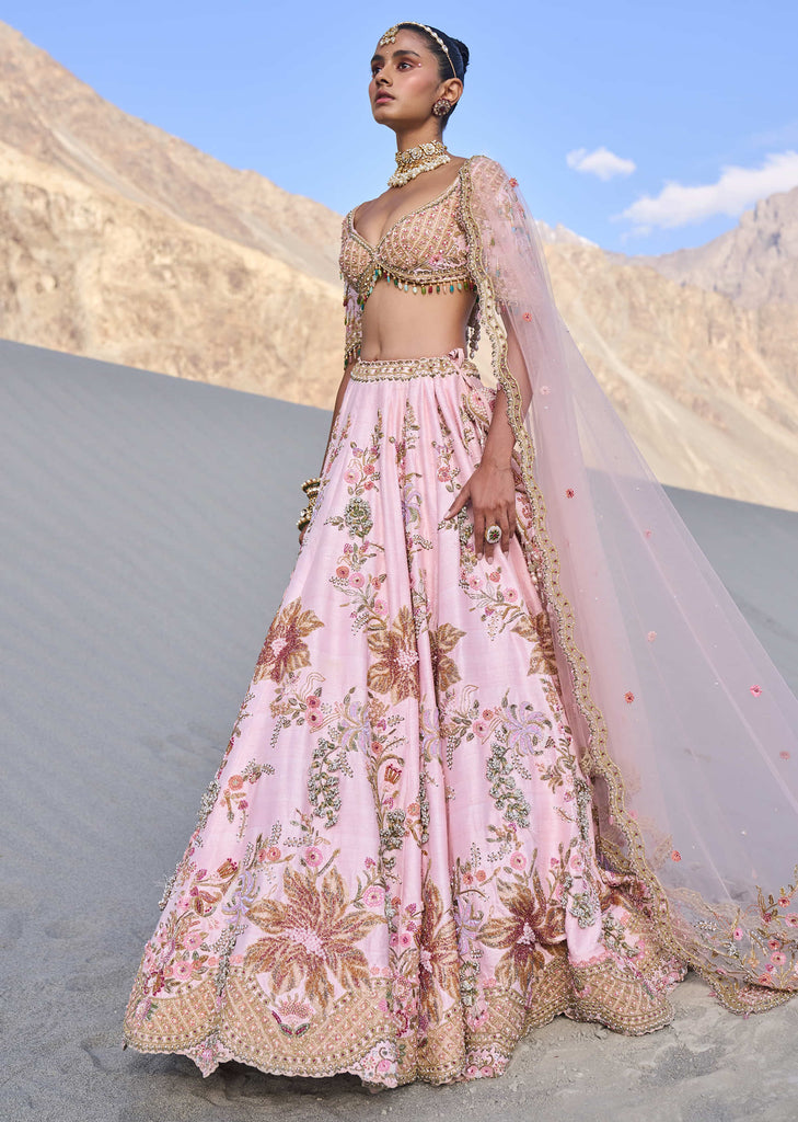 Pink Floral Embroidered Bridal Lehenga With Two Dupattas