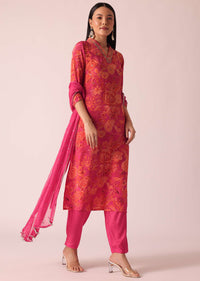 Pink Floral Print Kurta Set With Hand Embroidery