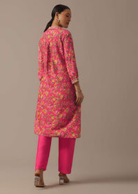 Pink Floral Print Kurta Set With Sequin Work