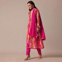 Pink Floral Print Kurta Set In Chiffon