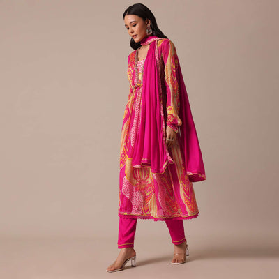Pink Floral Print Kurta Set In Chiffon