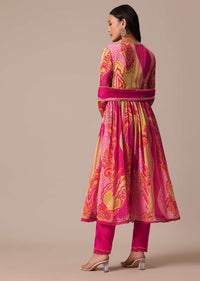Pink Floral Print Kurta Set In Chiffon