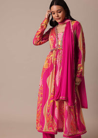 Pink Floral Print Kurta Set In Chiffon