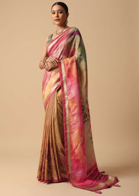 Pink Floral Print Saree With Contrast Pallu And Unstitched Blouse