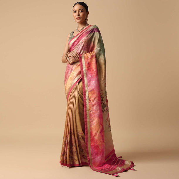 Pink Floral Print Saree With Contrast Pallu And Unstitched Blouse