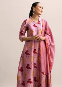 Pink Floral Printed Chanderi Kurta Palazzo With Dupatta