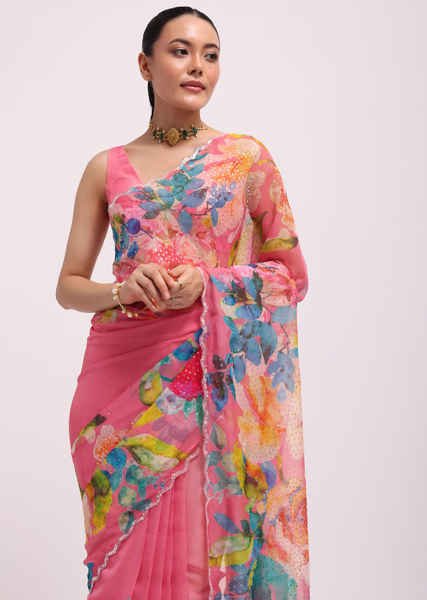 Pink Floral Printed Organza Saree With Unstitched Blouse
