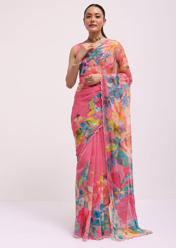 Pink Floral Printed Organza Saree With Unstitched Blouse