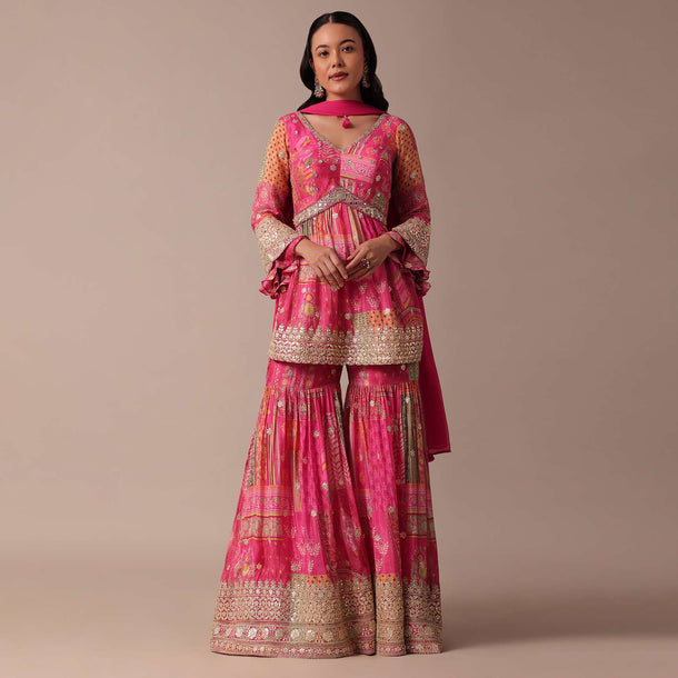 Pink Fusion Sharara Set With Peplum Top