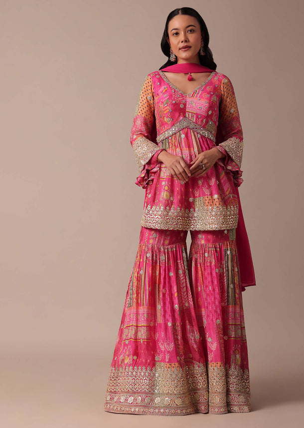 Pink Fusion Sharara Set With Peplum Top