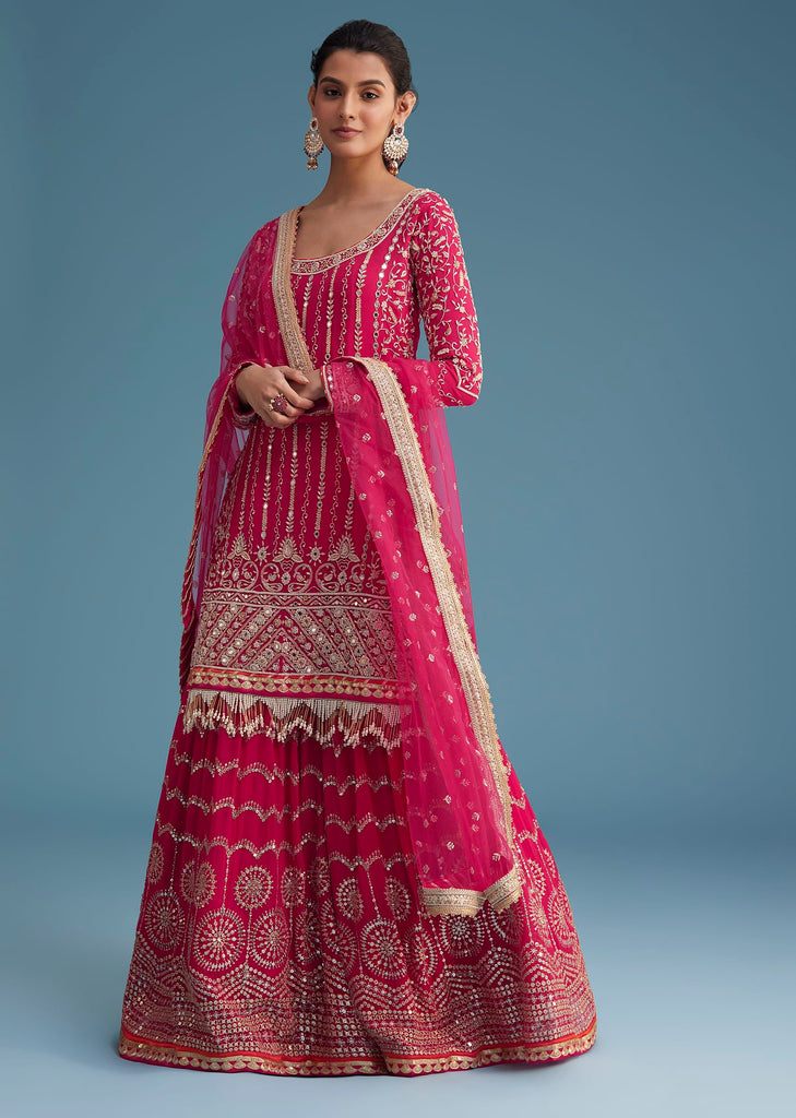 Pink Georgette Sharara Set With Mirror Sequins And Zardosi Work