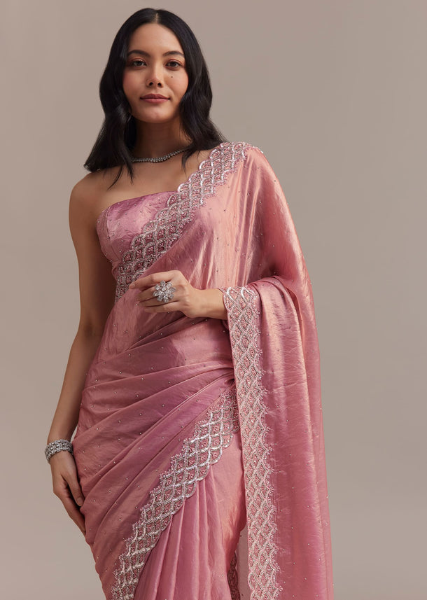 Pink Glass Tissue Saree With Sequins And Moti Embroidered Border