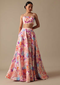 Pink Printed Lehenga Set with Mirror Embroidered Jacket