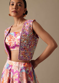 Pink Printed Lehenga Set with Mirror Embroidered Jacket