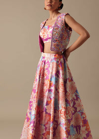 Pink Printed Lehenga Set with Mirror Embroidered Jacket