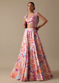 Pink Printed Lehenga Set with Mirror Embroidered Jacket