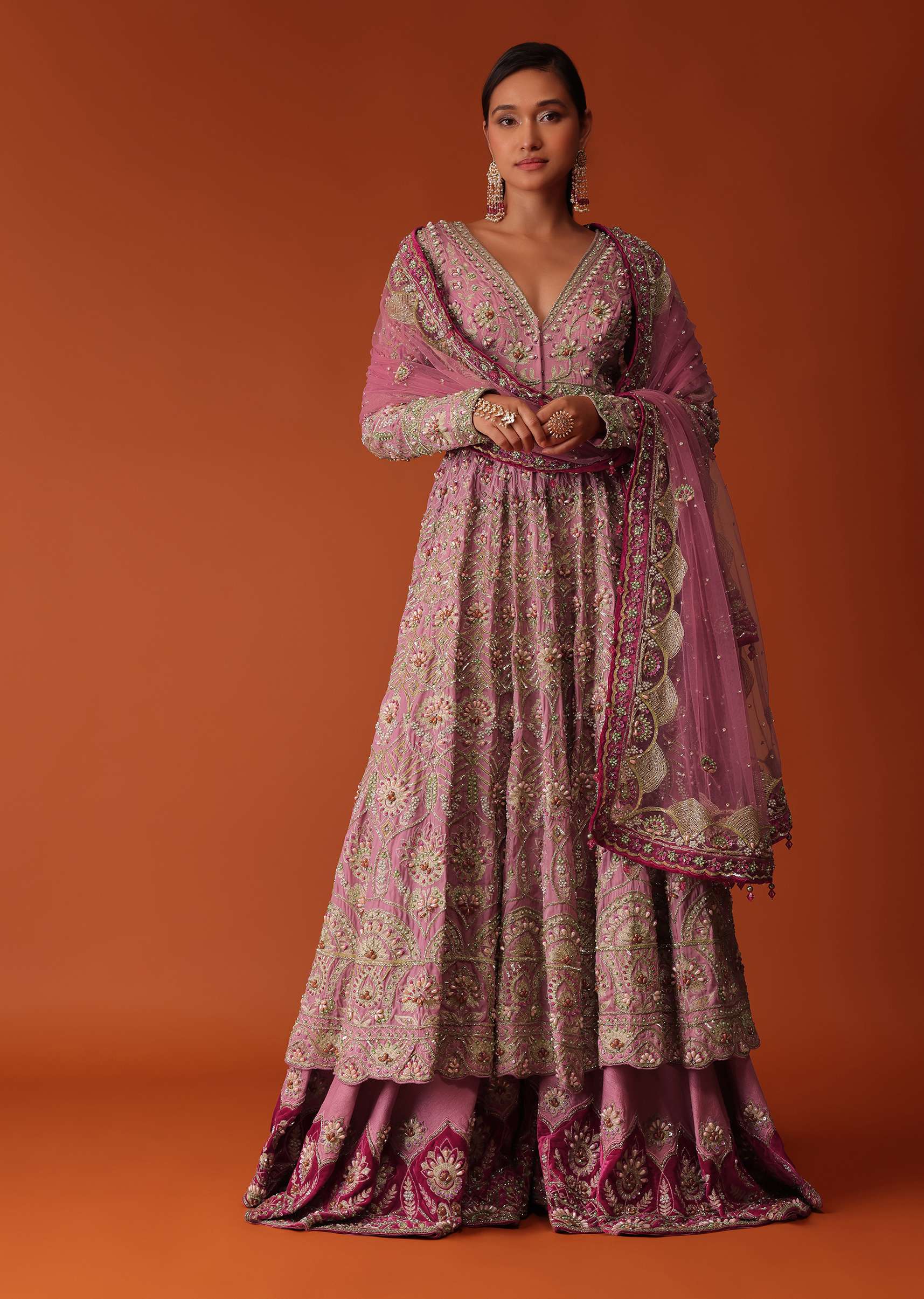 Pink Hand Embroidered Sharara Suit Set With Aari Work