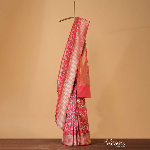 Pink Handloom Banarasi Ikat Saree In Katan Silk With Patola Weave