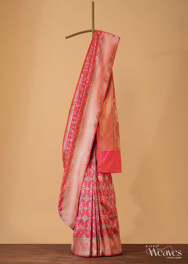 Pink Handloom Banarasi Ikat Saree In Katan Silk With Patola Weave