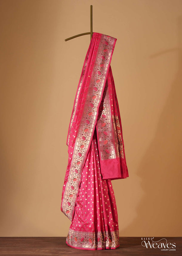 Pink Handloom Banarasi Paithani Saree In Katan Silk With Unstitched Blouse