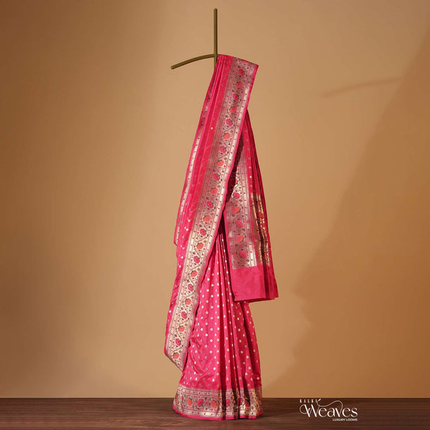 Pink Handloom Banarasi Paithani Saree In Katan Silk With Unstitched Blouse