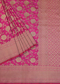 Pink Handloom Katan Silk Saree With Floral Jaal Weave And Unstitched Blouse Piece