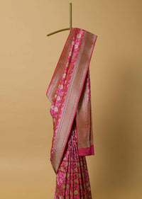 Pink Handloom Katan Silk Saree With Floral Jaal Weave And Unstitched Blouse Piece