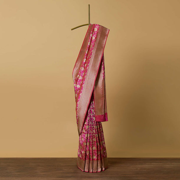 Pink Handloom Katan Silk Saree With Floral Jaal Weave And Unstitched Blouse Piece