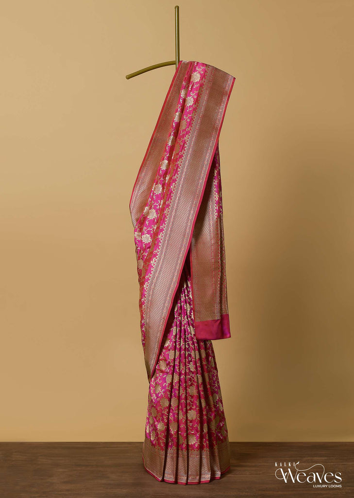 Pink Handloom Katan Silk Saree With Floral Jaal Weave And Unstitched Blouse Piece