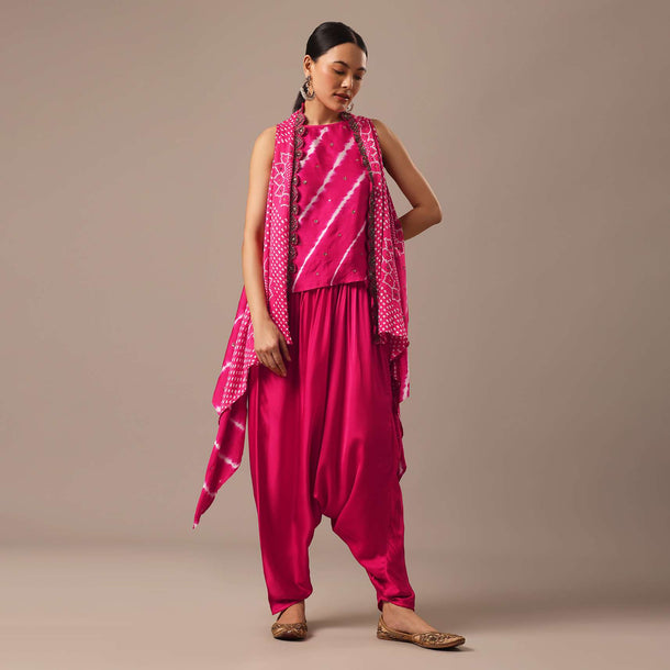 Pink Handmade Bandhani Jacket And Dhoti Set With Leheriya Detail