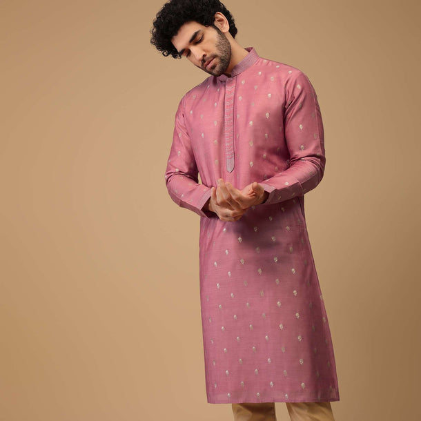 Pink Handwoven Silk Kurta Set With Printed Buttis