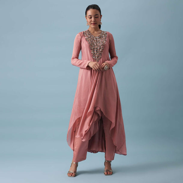 Pink High Low Anarkali Set In Chinon