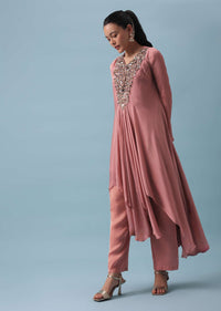 Pink High Low Anarkali Set In Chinon